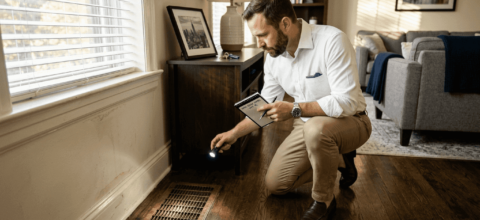 Agent inspecting air vent in apartment