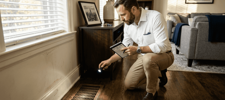 Agent inspecting air vent in apartment