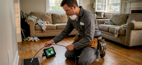 Technician inspecting home air duct in living room
