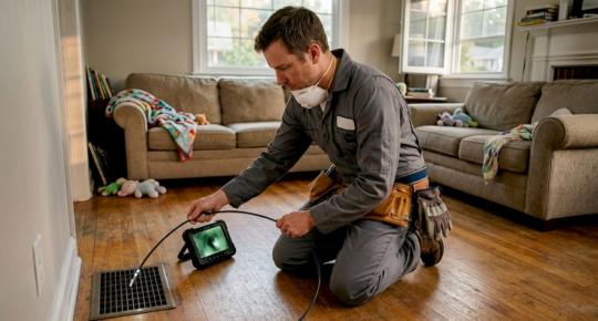 Technician inspecting home air duct in living room