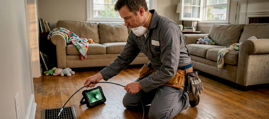 Technician inspecting home air duct in living room