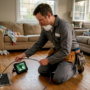 Technician inspecting home air duct in living room