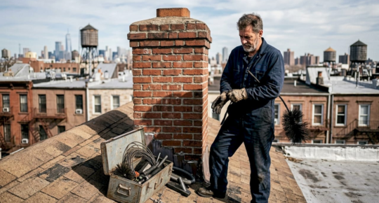 Chimney sweep cleaning brownstone roof chimney