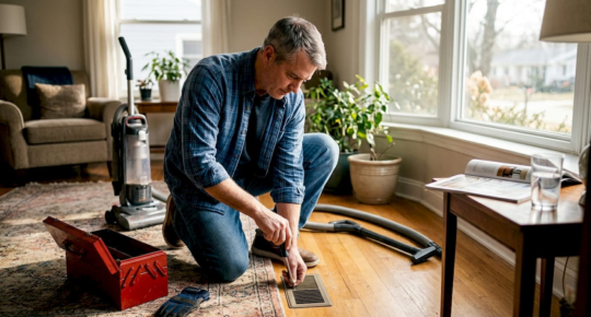Homeowner unscrewing vent cover in living room