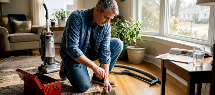 Homeowner unscrewing vent cover in living room