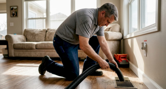 Technician cleaning floor vent in family living room