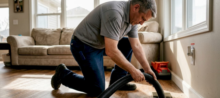 Technician cleaning floor vent in family living room