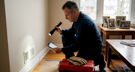 HVAC technician inspecting duct for mold