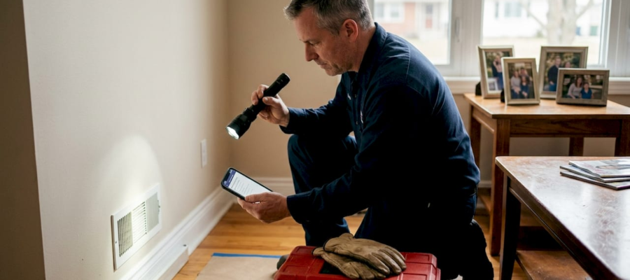 HVAC technician inspecting duct for mold
