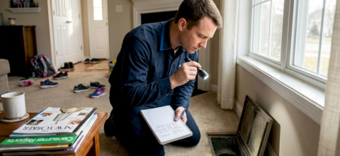 Technician inspecting floor vent for duct cleaning