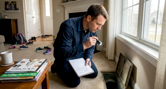 Technician inspecting floor vent for duct cleaning