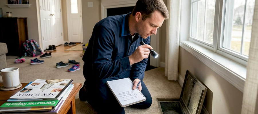 Technician inspecting floor vent for duct cleaning