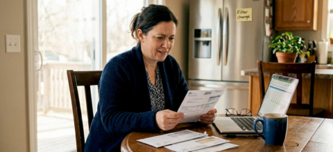 Homeowner checking HVAC costs at kitchen table