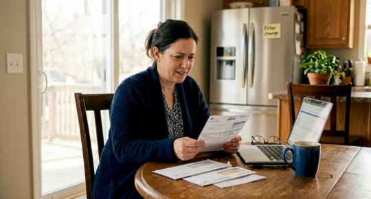 Homeowner checking HVAC costs at kitchen table