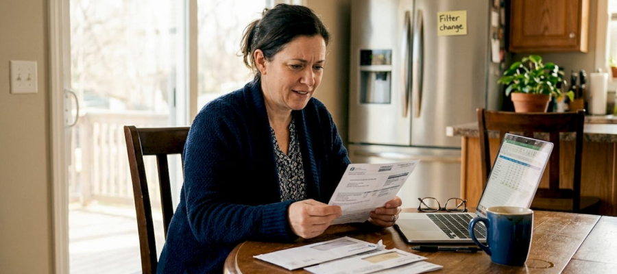 Homeowner checking HVAC costs at kitchen table