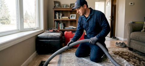 Technician cleaning home duct after renovation