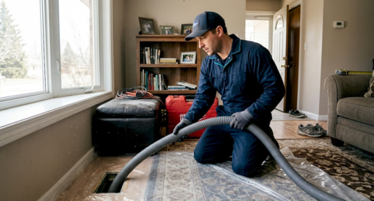 Technician cleaning home duct after renovation