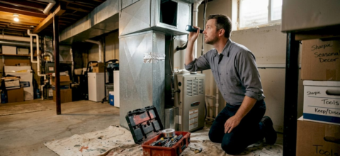HVAC technician inspecting residential air ducts