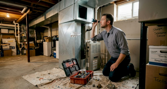 HVAC technician inspecting residential air ducts
