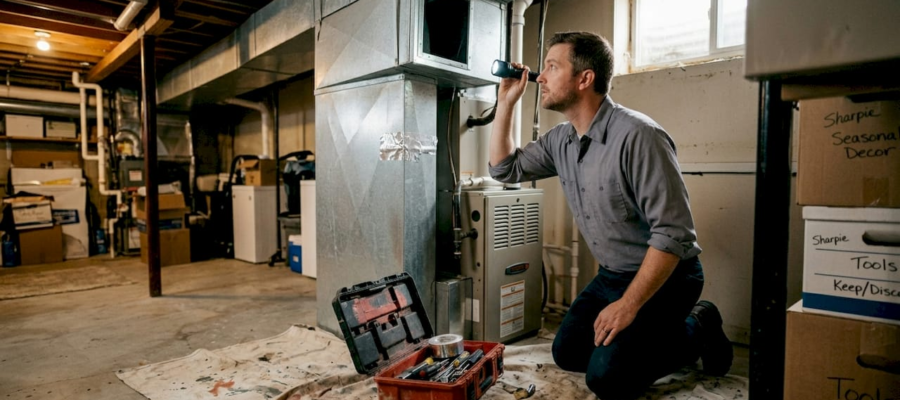 HVAC technician inspecting residential air ducts