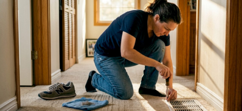 Homeowner inspecting dusty air vent cover
