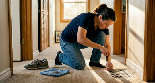 Homeowner inspecting dusty air vent cover