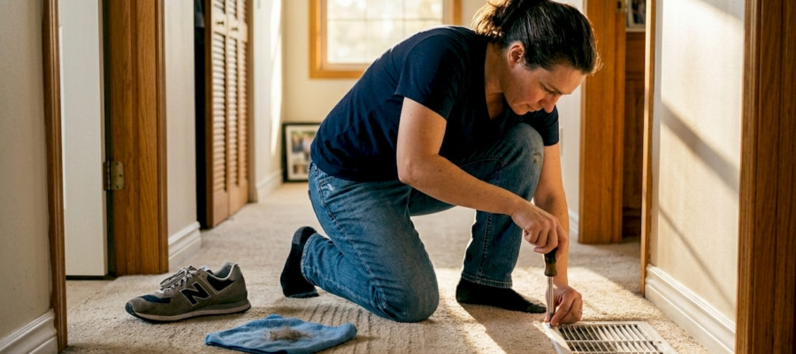 Homeowner inspecting dusty air vent cover
