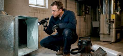 Technician inspecting HVAC duct for mold
