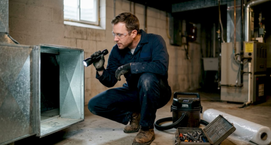 Technician inspecting HVAC duct for mold