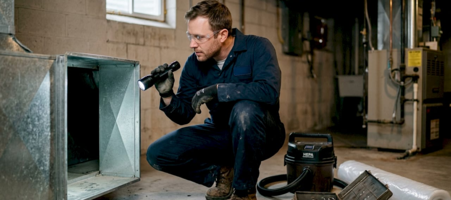 Technician inspecting HVAC duct for mold