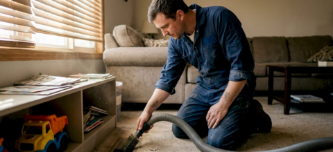 Technician cleaning air ducts in lived-in living room
