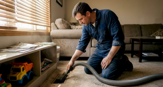 Technician cleaning air ducts in lived-in living room