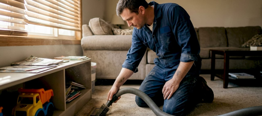 Technician cleaning air ducts in lived-in living room