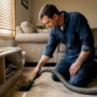 Technician cleaning air ducts in lived-in living room