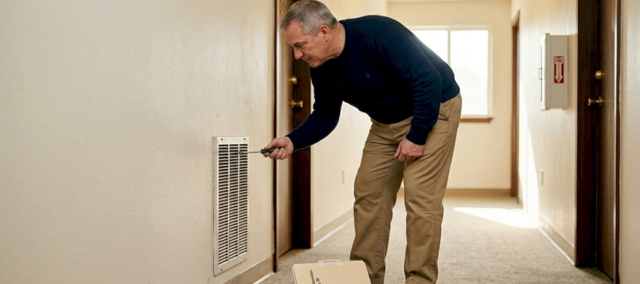 Property manager checking air vent cover