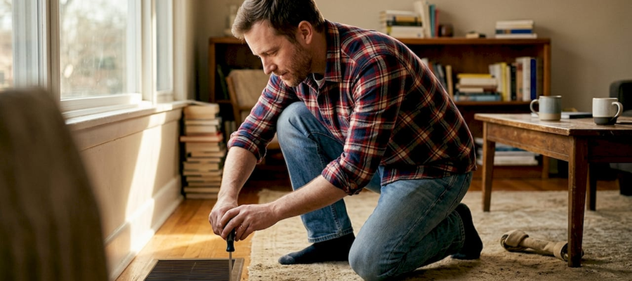Homeowner inspecting vent for duct dust