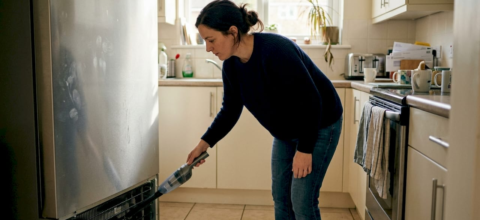 Woman vacuuming refrigerator coils in kitchen