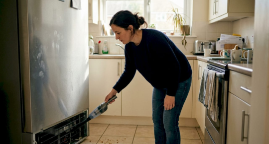 Woman vacuuming refrigerator coils in kitchen
