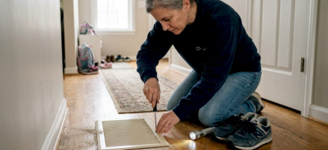Homeowner inspecting air duct in hallway