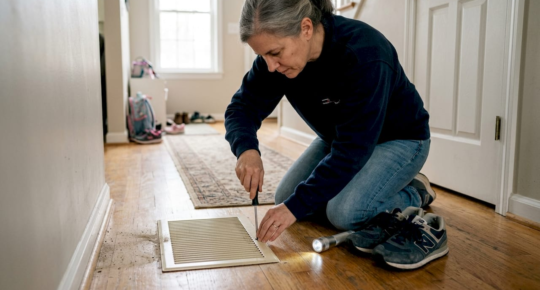 Homeowner inspecting air duct in hallway