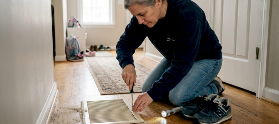 Homeowner inspecting air duct in hallway