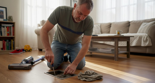 Homeowner cleaning air vent in living room