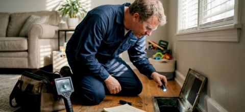 Technician inspecting air duct in living room