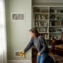 Seller cleaning wall vent in home
