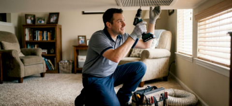 Technician cleaning residential HVAC vent cover