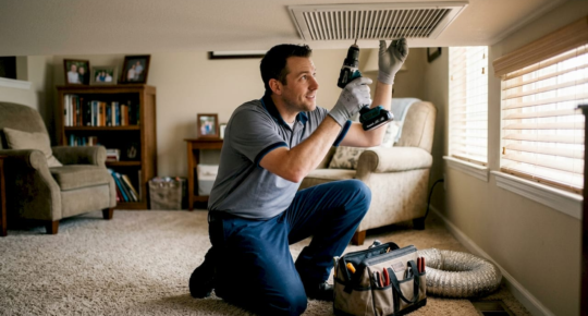 Technician cleaning residential HVAC vent cover