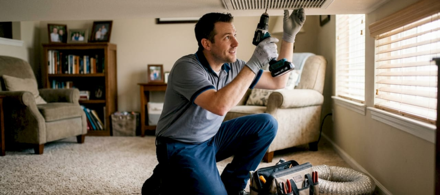 Technician cleaning residential HVAC vent cover