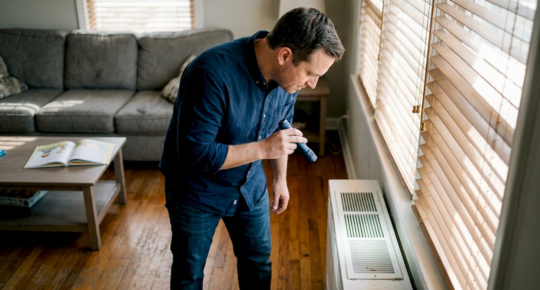 Homeowner inspecting living room HVAC vent