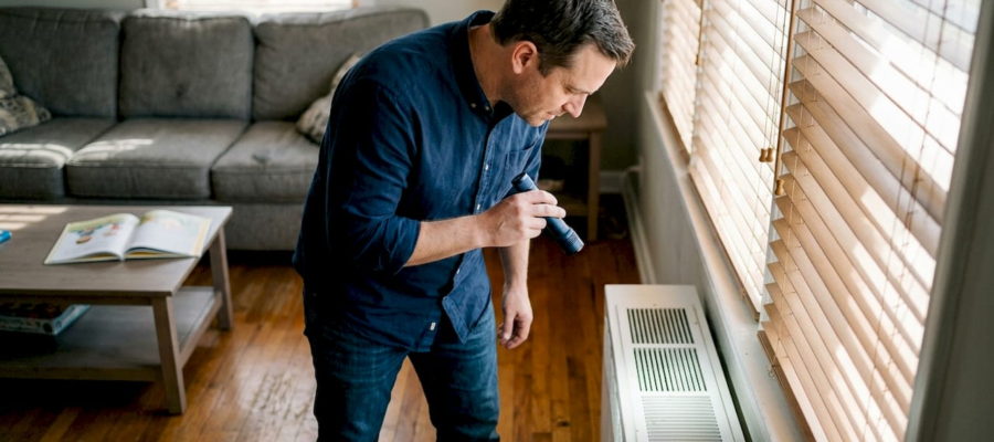 Homeowner inspecting living room HVAC vent