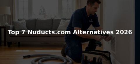 Technician working on air duct in bright living room